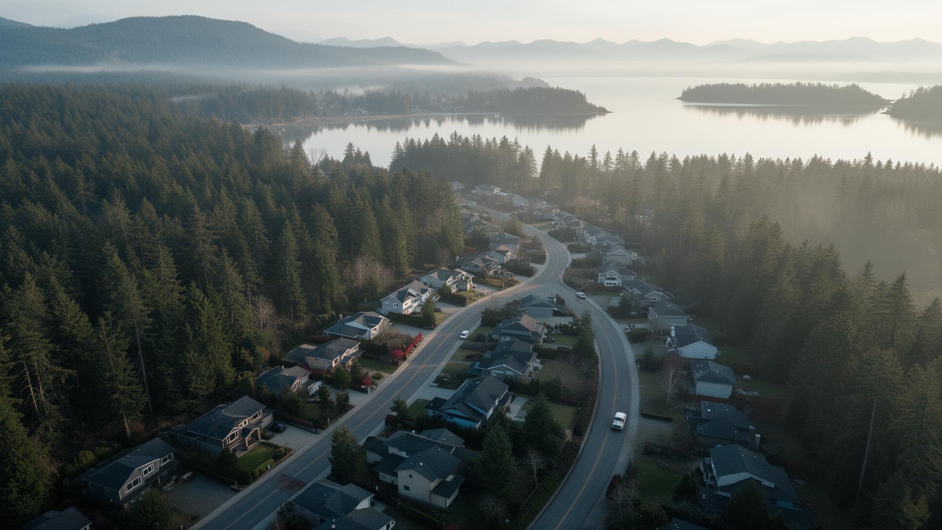 Aerial view of a coastal neighbourhood between cedar forest and inlet